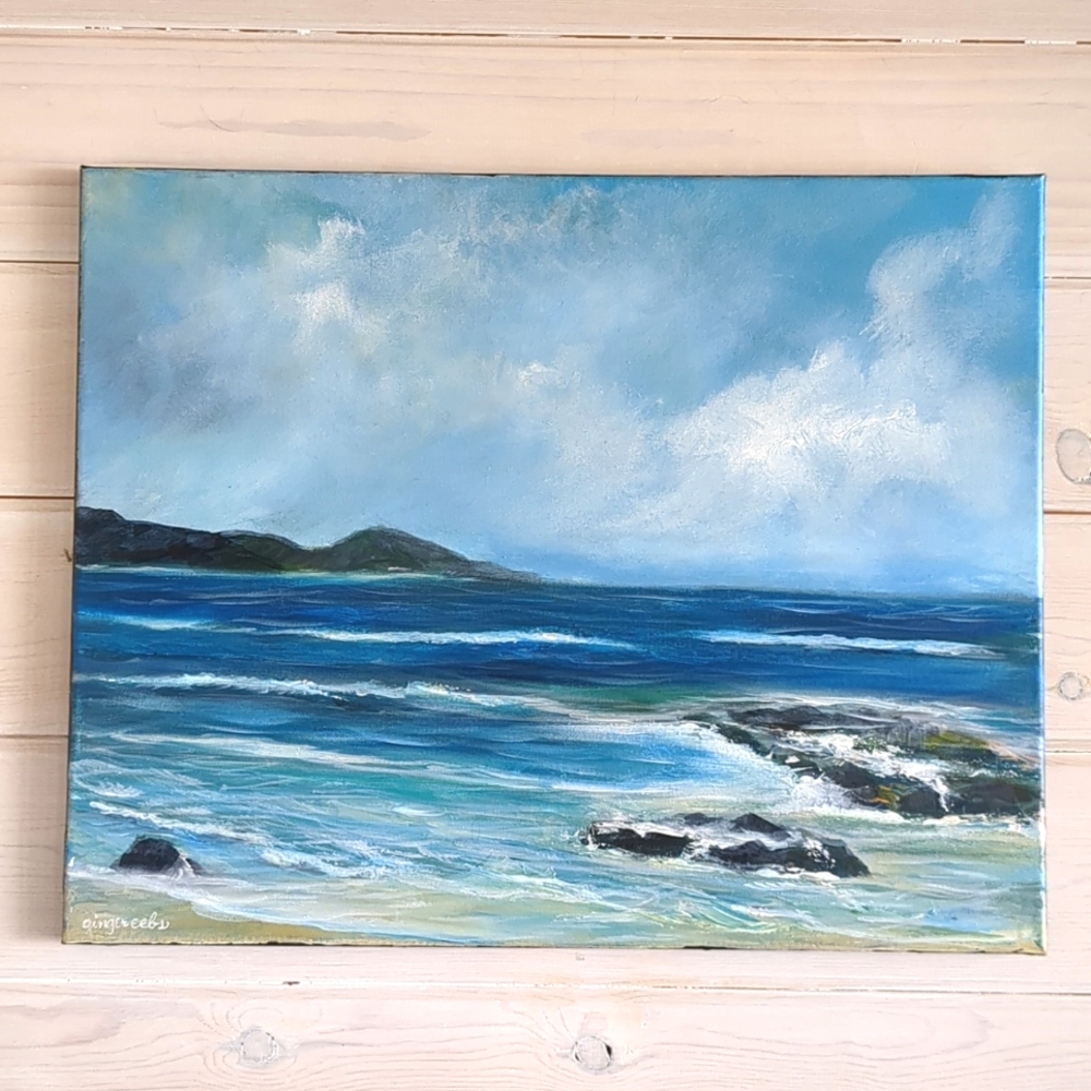 Original Acrylic New Hand Painted Island Blue Seascape Artist Signed Canvas